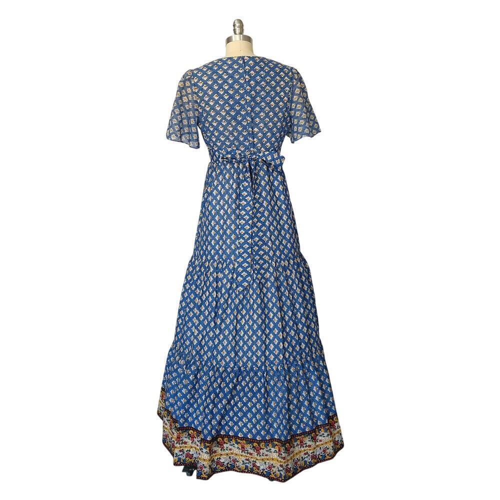 Vintage 70s Prairie Maxi Dress Size M 11 Blue Floral Calico Tiered Terri Juniors - Picture 9 of 12